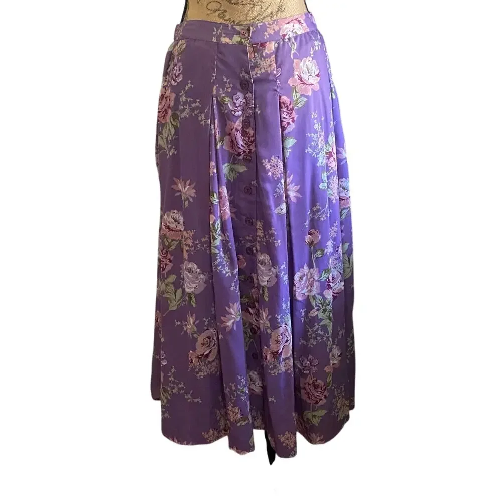 Vintage Lavender Floral Maxi Skirt Cottagecore Button Front L Denim 24/7
